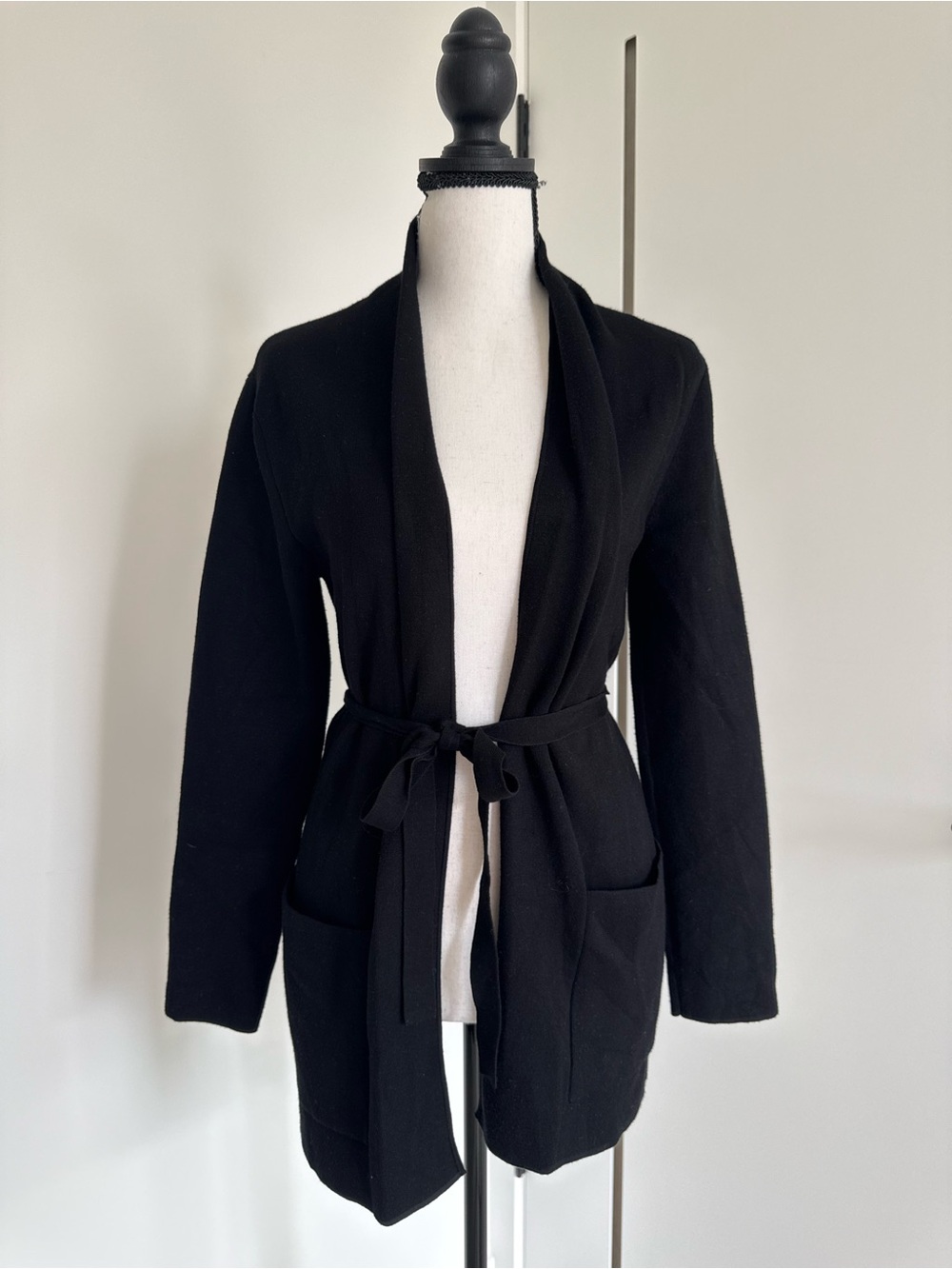 Babaton Black Knit Cardigan with Waist Tie